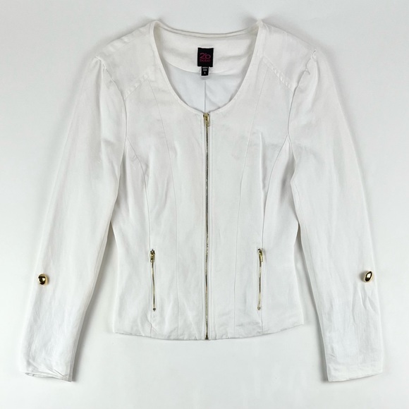 Bebe 2B White Linen Roll-Tab Sleeve Zip Jacket - Picture 3 of 7